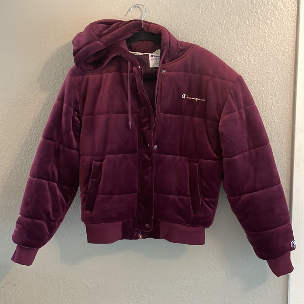 Champion purple velour puffer jacket woman’s size small